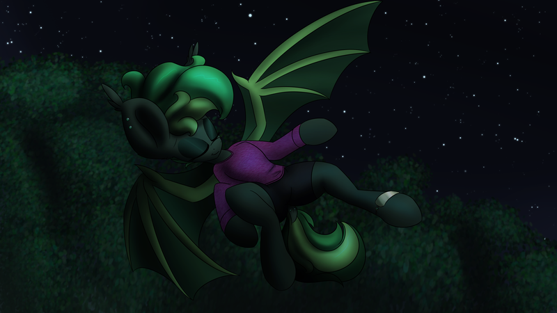 Size: 3154x1774 | Tagged: safe, artist:k-kopp, derpibooru import, oc, oc:jaded nights, unofficial characters only, bat pony, clothes, eyes closed, flying, night, solo, stars, tree