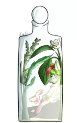 Size: 677x1080 | Tagged: safe, artist:kimkits25, derpibooru import, oc, oc:watermelana, unofficial characters only, fish, pony, bottle, crying, flower, freckles, gradient hooves, plant, pony in a bottle, solo, water