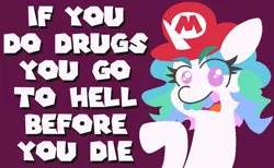 Size: 1133x698 | Tagged: safe, artist:threetwotwo32232, derpibooru import, princess celestia, alicorn, pony, bust, captain lou albano, dialogue, dic, drugs, looking at you, mario hat, nintendo, parody, public service announcement, purple background, simple background, solo, super mario bros., super mario bros. super show, wat