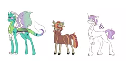 Size: 3667x1776 | Tagged: safe, artist:holoriot, derpibooru import, oc, oc:grub, oc:lavender trinity, oc:princess, unofficial characters only, dragonling, hybrid, unicorn, yakony, crack ship offspring, female, flower, flower in hair, glasses, male, multiple limbs, offspring, parent:fancypants, parent:fleur-de-lis, parent:pharynx, parent:prince rutherford, parent:princess ember, parent:tree hugger, parents:fancyfleur, raised hoof, simple background, stallion, white background