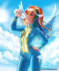 Size: 744x900 | Tagged: artist:racoonsan, breasts, clothes, cutie mark on clothes, derpibooru import, drink, drinking, eyes closed, female, human, humanized, long hair, rainbow dash, safe, solo, spread wings, sweat, uniform, water, water bottle, winged humanization, wings, wonderbolts uniform