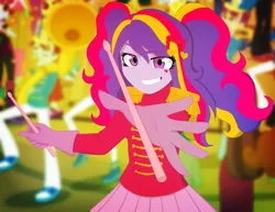 Size: 1724x1332 | Tagged: safe, artist:fantasygerard2000, derpibooru import, oc, oc:rhythm punk, unofficial characters only, equestria girls, clothes, drumsticks, female, grin, marching band, smiling, solo focus