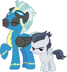 Size: 3001x3260 | Tagged: safe, artist:cloudyglow, derpibooru import, rumble, thunderlane, pegasus, pony, marks and recreation, .ai available, annoyed, brothers, clothes, colt, cute, duo, duo male, foal, frown, goggles, male, one eye closed, raised hoof, rumblebetes, simple background, smiling, stallion, thunderbetes, transparent background, unamused, uniform, vector, wink, wonderbolts uniform
