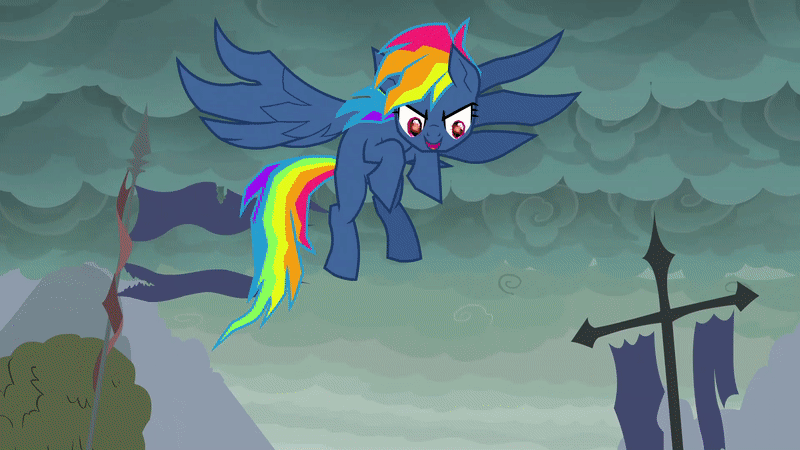 Size: 800x450 | Tagged: adorapiehater, animated, cute, derpibooru import, evil laugh, evil pie hater dash, eye beams, food, gif, nightmare, pie, pinkie pie, pure unfiltered evil, rainbow dash, safe, screencap, secrets and pies, solo, that pony sure does hate pies