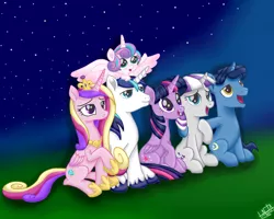 Size: 1750x1400 | Tagged: safe, artist:liniitadash23, derpibooru import, night light, princess cadance, princess flurry heart, shining armor, twilight sparkle, twilight sparkle (alicorn), twilight velvet, alicorn, pony, once upon a zeppelin, baby, baby pony, family, female, male, mare, night, northern stars, smiling, stallion, stars