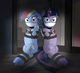 Size: 933x857 | Tagged: questionable, alternate version, artist:radiantrealm, derpibooru import, rainbow dash, twilight sparkle, twilight sparkle (alicorn), alicorn, pegasus, pony, angry, arm behind back, bondage, bound wings, cloth gag, collar, dashsub, duo, duo female, female, femsub, floppy ears, gag, horn ring, image, jewelry, jpeg, lesbian, magic suppression, mare, necklace, pet tag, rope, rope bondage, shipping, show accurate, show accurate porn, submissive, tied up, twidash, twisub