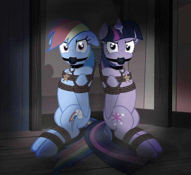 Size: 933x857 | Tagged: questionable, alternate version, artist:radiantrealm, derpibooru import, rainbow dash, twilight sparkle, twilight sparkle (alicorn), alicorn, pegasus, pony, angry, arm behind back, ballgag, bondage, bound wings, collar, dashsub, duo, duo female, female, femsub, floppy ears, gag, horn ring, image, jewelry, jpeg, lesbian, magic suppression, mare, necklace, pet, pet tag, rope, rope bondage, shipping, show accurate, show accurate porn, submissive, tied up, twidash, twisub