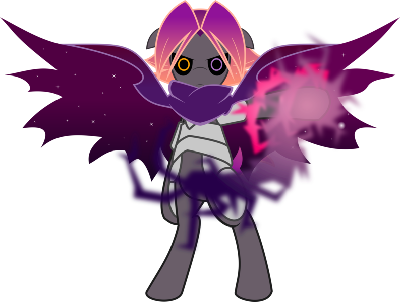 Size: 4325x3271 | Tagged: safe, artist:salandrejerenity989, derpibooru import, oc, oc:spectral kamui, unofficial characters only, pony, armor, bipedal, black sclera, energy blast, glowing hooves, god of ruin, gradient hair, looking at you, nebula cape, omega, simple background, transparent background