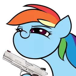 Size: 1280x1280 | Tagged: safe, artist:elzzombie, derpibooru import, rainbow dash, 1911 r1s, delet this, faic, gun, handgun, m1911, meme, pistol, remington, simple background, smug, smugdash, solo, transparent background, weapon