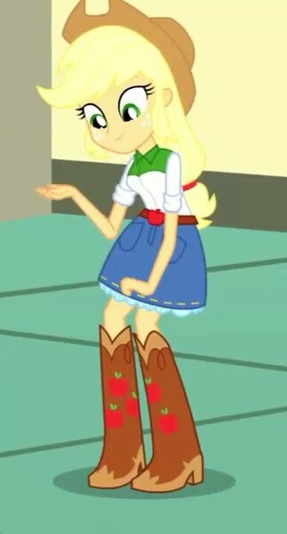 Size: 387x720 | Tagged: safe, derpibooru import, screencap, applejack, eqg summertime shorts, equestria girls, pet project, boots, clothes, cowboy boots, cowboy hat, cropped, denim skirt, female, hat, shoes, skirt, smiling, stetson