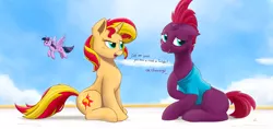 Size: 2700x1270 | Tagged: safe, artist:j24262756, derpibooru import, fizzlepop berrytwist, sunset shimmer, tempest shadow, twilight sparkle, twilight sparkle (alicorn), alicorn, pony, unicorn, my little pony: the movie, adult blank flank, blank flank, broken horn, clothes, dialogue, female, flying, lesbian, mare, shipping, shirt, sitting, sky, tempestlight