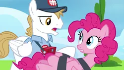 Size: 1920x1080 | Tagged: safe, derpibooru import, screencap, hermes (character), pinkie pie, earth pony, pegasus, pony, secrets and pies, baseball cap, cap, clothes, cloud, female, first aid kit, hat, male, mare, medic, paramedic, restrained, restraints, shirt, stallion, tree