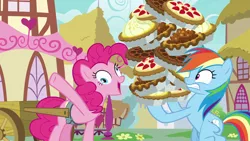 Size: 1920x1080 | Tagged: safe, derpibooru import, screencap, pinkie pie, rainbow dash, earth pony, pegasus, pony, secrets and pies, balancing, crazy face, derp, duo, faic, female, food, harness, lemon meringue pie, mare, pecan pie, pie, ponyville, strawberry pie, tack, wagon