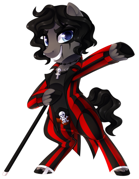 Size: 1024x1313 | Tagged: alice cooper, artist:xnightmelody, cane, clothes, commission, derpibooru import, looking at you, male, oc, oc:night terror, safe, simple background, smiling, solo, stallion, suit, transparent background, unofficial characters only