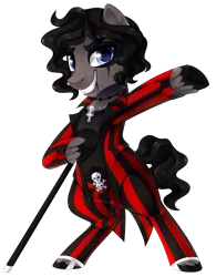 Size: 1024x1313 | Tagged: alice cooper, artist:xnightmelody, cane, clothes, commission, derpibooru import, looking at you, male, oc, oc:night terror, safe, simple background, smiling, solo, stallion, suit, transparent background, unofficial characters only