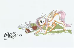 Size: 3390x2229 | Tagged: angel bunny, artist:trojan-pony, derpibooru import, duo, face down ass up, floppy ears, fluttershy, folded wings, ink, inktober, inktober 2017, log, looking at something, looking down, missing cutie mark, safe, traditional art, wings