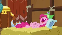 Size: 1280x720 | Tagged: safe, derpibooru import, screencap, gummy, pinkie pie, prince rutherford, pony, yak, not asking for trouble, hay, hay bale, sleeping