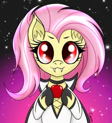 Size: 1024x1124 | Tagged: safe, artist:canister, derpibooru import, fluttershy, bat pony, pony, apple, bust, clothes, fangs, female, flutterbat, food, hoof hold, looking at you, mare, portrait, race swap, smiling, solo