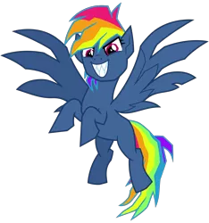 Size: 3000x3200 | Tagged: safe, artist:cheezedoodle96, derpibooru import, rainbow dash, pegasus, pony, secrets and pies, .svg available, evil, evil pie hater dash, fangs, female, flying, grin, looking at you, mare, rearing, simple background, smiling, solo, spread wings, svg, transparent background, vector, wings