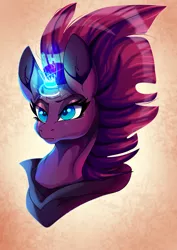 Size: 2268x3200 | Tagged: safe, artist:plaguedogs123, derpibooru import, tempest shadow, unicorn, my little pony: the movie, broken horn, bust, eye scar, female, glowing horn, horn, mare, scar, solo, sparking horn