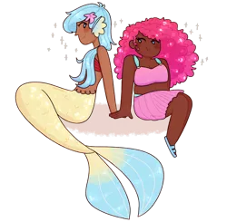 Size: 2900x2839 | Tagged: safe, artist:mochietti, derpibooru import, pinkie pie, princess skystar, human, mermaid, my little pony: the movie, alternate hairstyle, blushing, chubby, clothes, dark skin, ear fins, feet, female, holding hands, humanized, lesbian, mermaidized, sandals, shipping, simple background, skirt, skypie, species swap, transparent background