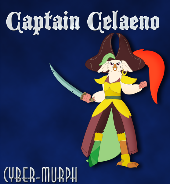 Size: 3283x3537 | Tagged: amputee, anthro, artist:cyber-murph, bird, captain celaeno, caption, chest fluff, clothes, derpibooru import, ear piercing, earring, hat, jewelry, my little pony: the movie, parrot, piercing, pirate hat, safe, sword, weapon