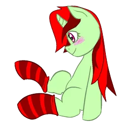 Size: 654x683 | Tagged: safe, artist:semakberry, derpibooru import, oc, oc:beryllium, ponified, unofficial characters only, object pony, original species, unicorn, blushing, clothes, element pony, female, mare, simple background, socks, solo, striped socks, transparent background