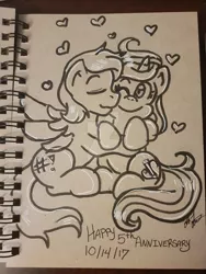 Size: 1024x1365 | Tagged: safe, artist:yoshimarsart, derpibooru import, oc, oc:clatter keys, oc:doodle sweet, unofficial characters only, pegasus, pony, unicorn, female, kissing, male, mare, monochrome, stallion, traditional art