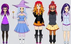 Size: 1147x705 | Tagged: alternate hairstyle, artist:roseprincessmitia, boots, clothes, counterparts, derpibooru import, devil horn (gesture), female, flats, glasses, gloves, human, humanized, jacket, kisekae, leather jacket, magical quintet, moondancer, one eye closed, pantyhose, pleated skirt, ponytail, safe, shoes, skirt, socks, spiked wristband, starlight glimmer, stockings, striped pantyhose, striped socks, sunset shimmer, sweater, thigh highs, trixie, twilight's counterparts, twilight sparkle, wand, wink, wristband, zettai ryouiki