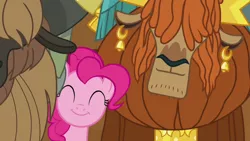 Size: 1280x720 | Tagged: safe, derpibooru import, screencap, pinkie pie, prince rutherford, pony, yak, not asking for trouble, smiling