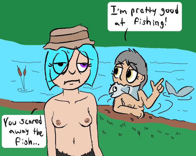 Size: 792x630 | Tagged: alternate version, artist:heretichesh, breasts, casual nudity, colored, color edit, derpibooru import, edit, editor:color anon, editor:edit anon, fish, mermaid, nipples, nude edit, nudity, oc, oc:buoy belle, oc:teal, offspring, parent:oc:dingaling, parent:queen chrysalis, questionable, satyr, unofficial characters only