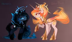 Size: 2828x1653 | Tagged: safe, artist:magnaluna, derpibooru import, princess celestia, princess luna, alicorn, bat pony, bat pony alicorn, elemental pony, alternate design, alternate hairstyle, alternate universe, armor, colored wings, colored wingtips, duo, female, galaxy mane, gradient background, halo, horseshoes, hybrid wings, luna is not amused, lunabat, mane of fire, mare, race swap, simple background, smiling, unamused