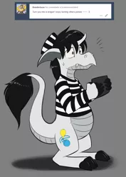 Size: 2894x4093 | Tagged: adventures of flair, artist:jcosneverexisted, ask, clothes, derpibooru import, dragon, male, oc, oc:creative flair, prison outfit, prison stripes, suggestive, tablet, tumblr, unofficial characters only