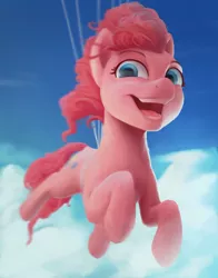 Size: 2000x2552 | Tagged: safe, artist:starblaze25, derpibooru import, pinkie pie, earth pony, pony, balloon, cloud, female, floating, mare, open mouth, sky, smiling, solo, then watch her balloons lift her up to the sky