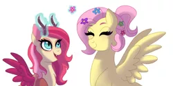 Size: 1024x514 | Tagged: safe, artist:cascayd, derpibooru import, fluttershy, oc, oc:jinx, draconequus, hybrid, alternate hairstyle, draconequus oc, female, flower, flower in hair, interspecies offspring, mother and daughter, offspring, parent:discord, parent:fluttershy, parents:discoshy, simple background, white background