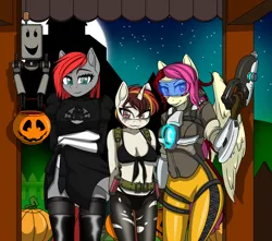 Size: 1600x1414 | Tagged: suggestive, artist:up1ter, derpibooru import, oc, oc:lightning dashes, oc:maple rose, oc:up1ter, unofficial characters only, anthro, pegasus, unicorn, anthro oc, breasts, clothes, commission, cosplay, costume, halloween, holiday, looking at you, metal gear, metal gear solid, metal gear solid 5, moon, nier: automata, night, overwatch, pumpkin bucket, smiling, stars, tracer, trio, ych result