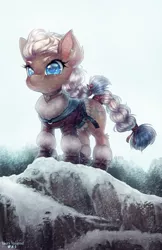 Size: 750x1158 | Tagged: safe, artist:tawni-tailwind, derpibooru import, oc, oc:valiant frost, unofficial characters only, earth pony, pony, boots, braid, braided tail, clothes, colored pupils, commission, ear piercing, female, mare, piercing, scar, shoes, snow, solo