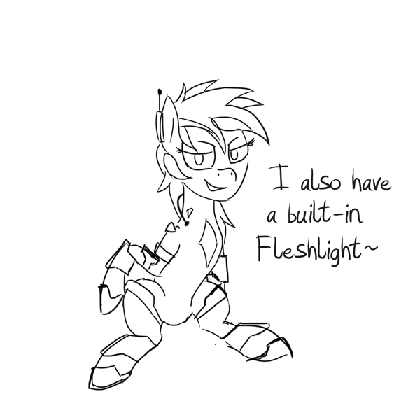 Size: 600x600 | Tagged: 4chan, anonymous artist, cyborg, derpibooru import, drawthread, fallout equestria, fallout equestria: project horizons, fleshlight, funny, lineart, /mlp/, monochrome, oc, oc:blackjack, penetrable sex toy, questionable, sex toy, simple background, solo, unofficial characters only