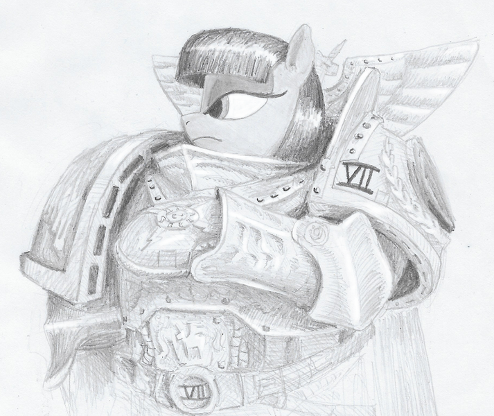 Size: 925x778 | Tagged: aquila, armor, artist:t72b, bust, crossover, derpibooru import, imperial fists, looking away, maud pie, monochrome, parody, portrait, power armor, primarch, rogal dorn, safe, solo, stoic, traditional art, warhammer 30k, warhammer (game)