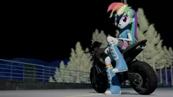 Size: 3840x2160 | Tagged: safe, artist:aryatheeditor, derpibooru import, rainbow dash, equestria girls, 3d, boots, clothes, compression shorts, crossover, female, grand theft auto, gta v, looking at you, motorcycle, shoes, skirt, smiling, solo, source filmmaker