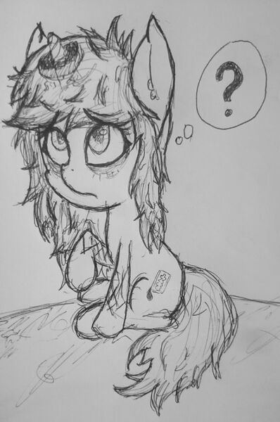 Size: 849x1279 | Tagged: artist:magical disaster, black and white, dark circles, depressed, derpibooru import, donut, eyeliner, food, grayscale, makeup, messy mane, monochrome, oc, oc:magical disaster, pen drawing, self harm, self portrait, semi-grimdark, sleep deprivation, thought bubble, traditional art, unofficial characters only