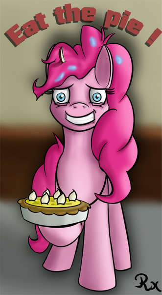 Size: 690x1250 | Tagged: safe, artist:reflex-pony, derpibooru import, pinkie pie, earth pony, pony, secrets and pies, eat my pie, female, food, looking at you, mare, obsession, pie, solo, that pony sure does love pies