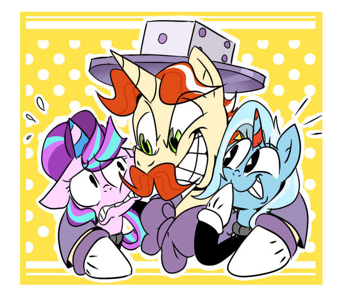 Size: 700x600 | Tagged: safe, artist:thegreatrouge, derpibooru import, flam, starlight glimmer, trixie, pony, unicorn, clothes, crossover, cuphead, female, grin, king dice, male, mare, mugman, slasher smile, smiling, stallion, trio