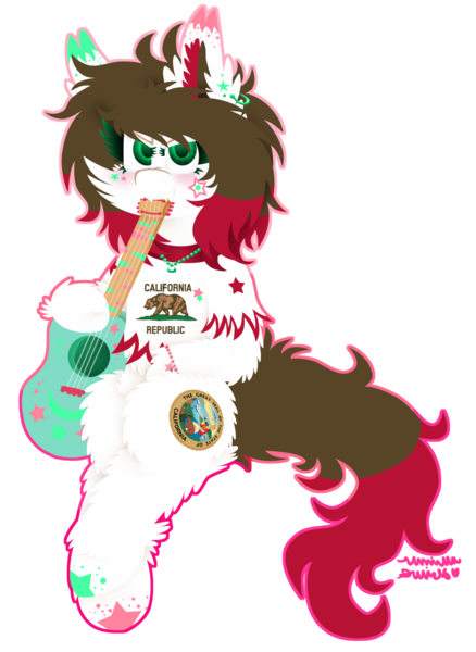 Size: 867x1189 | Tagged: safe, artist:vanillaswirl6, derpibooru import, oc, oc:california, unofficial characters only, bear, pony, biting, bracelet, brown mane, california, clothes, dots, ear piercing, earring, face paint, female, green eyes, guitar, jewelry, looking at you, mare, markings, necklace, piercing, sharp teeth, shirt, simple background, sitting, solo, stars, teeth, transparent background, vanillaswirl6's state ponies