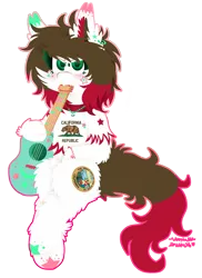 Size: 867x1189 | Tagged: safe, artist:vanillaswirl6, derpibooru import, oc, oc:california, unofficial characters only, bear, pony, biting, bracelet, brown mane, california, clothes, dots, ear piercing, earring, face paint, female, green eyes, guitar, jewelry, looking at you, mare, markings, necklace, piercing, sharp teeth, shirt, simple background, sitting, solo, stars, teeth, transparent background, vanillaswirl6's state ponies