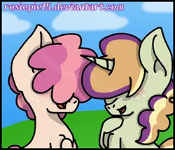 Size: 1024x876 | Tagged: safe, artist:rosiepie15, derpibooru import, oc, oc:peachy, oc:somerset sour cider, unofficial characters only, earth pony, pony, unicorn, cousins, magical lesbian spawn, offspring, parent:apple bloom, parent:big macintosh, parent:diamond tiara, parent:sugar belle, parents:diamondbloom, parents:sugarmac