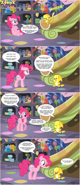 Size: 1720x3957 | Tagged: safe, derpibooru import, pinkie pie, oc, oc:zynyz, pony, comic, crossover, kacheek, neopets, non-pony oc, party cave, slide, squee