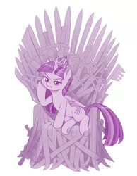 Size: 777x1000 | Tagged: safe, artist:dstears, derpibooru import, twilight sparkle, twilight sparkle (alicorn), alicorn, pony, buster sword, female, final fantasy, final fantasy vii, frown, game of thrones, iron throne, keyblade, kill la kill, kingdom hearts, looking at you, mare, master sword, monochrome, new crown, purple, scissor blade, simple background, solo, sword, sword of omens, the legend of zelda, throne, throne slouch, thundercats, twilight is not amused, unamused, weapon, white background