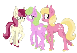 Size: 1873x1286 | Tagged: safe, artist:paskanaakka, derpibooru import, daisy, flower wishes, lily, lily valley, roseluck, earth pony, pony, chest fluff, colored hooves, ear fluff, female, flower trio, looking back, mare, raised hoof, simple background, smiling, transparent background, trio, unshorn fetlocks