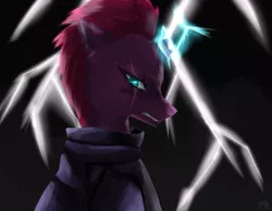 Size: 2657x2066 | Tagged: safe, artist:felineoc-alice, derpibooru import, tempest shadow, pony, unicorn, my little pony: the movie, armor, black background, broken horn, electricity, eye scar, female, lightning, magic, mare, scar, simple background, solo, sparking horn